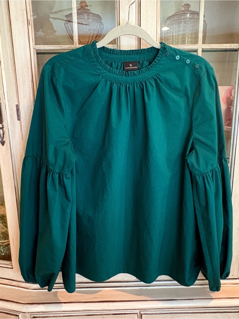 Worthington Deep Green Cotton Blend Balloon Sleeve Blouse